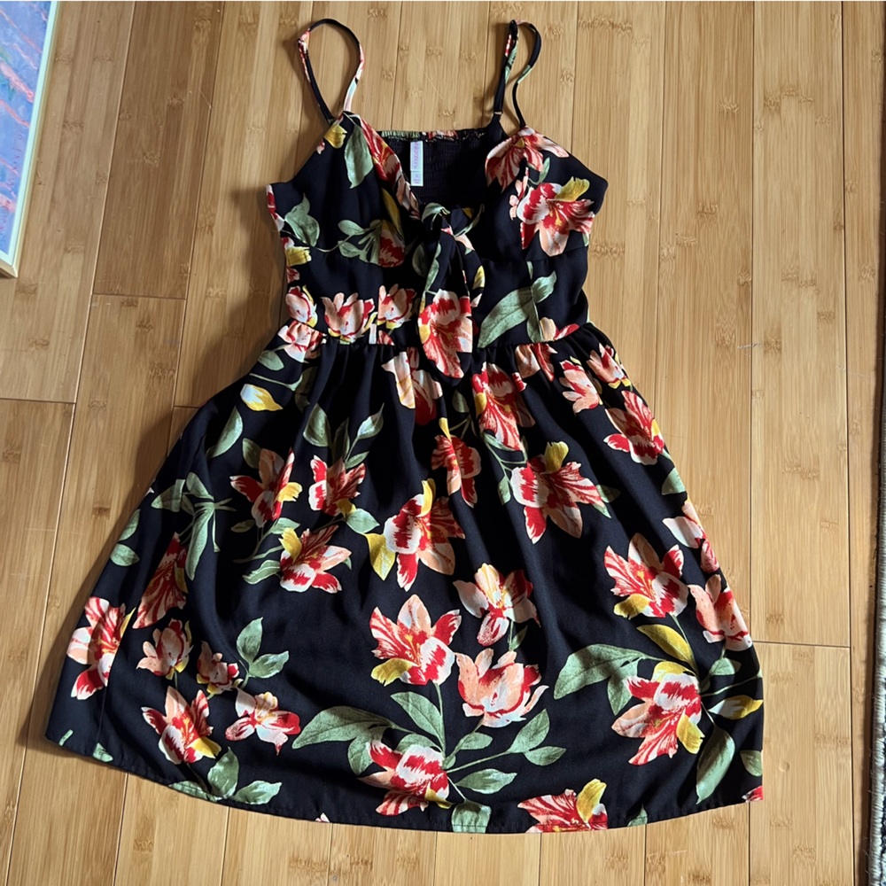 Tropical Floral Print Mini Dress With Bow